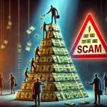 A tree of money with a big red warning sign that says Scam Pyramid Scheme and ponzi schemes